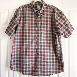 LL Bean Mens XL Red Gray Plaid Shirt Cotton Button Front Short Sleeve